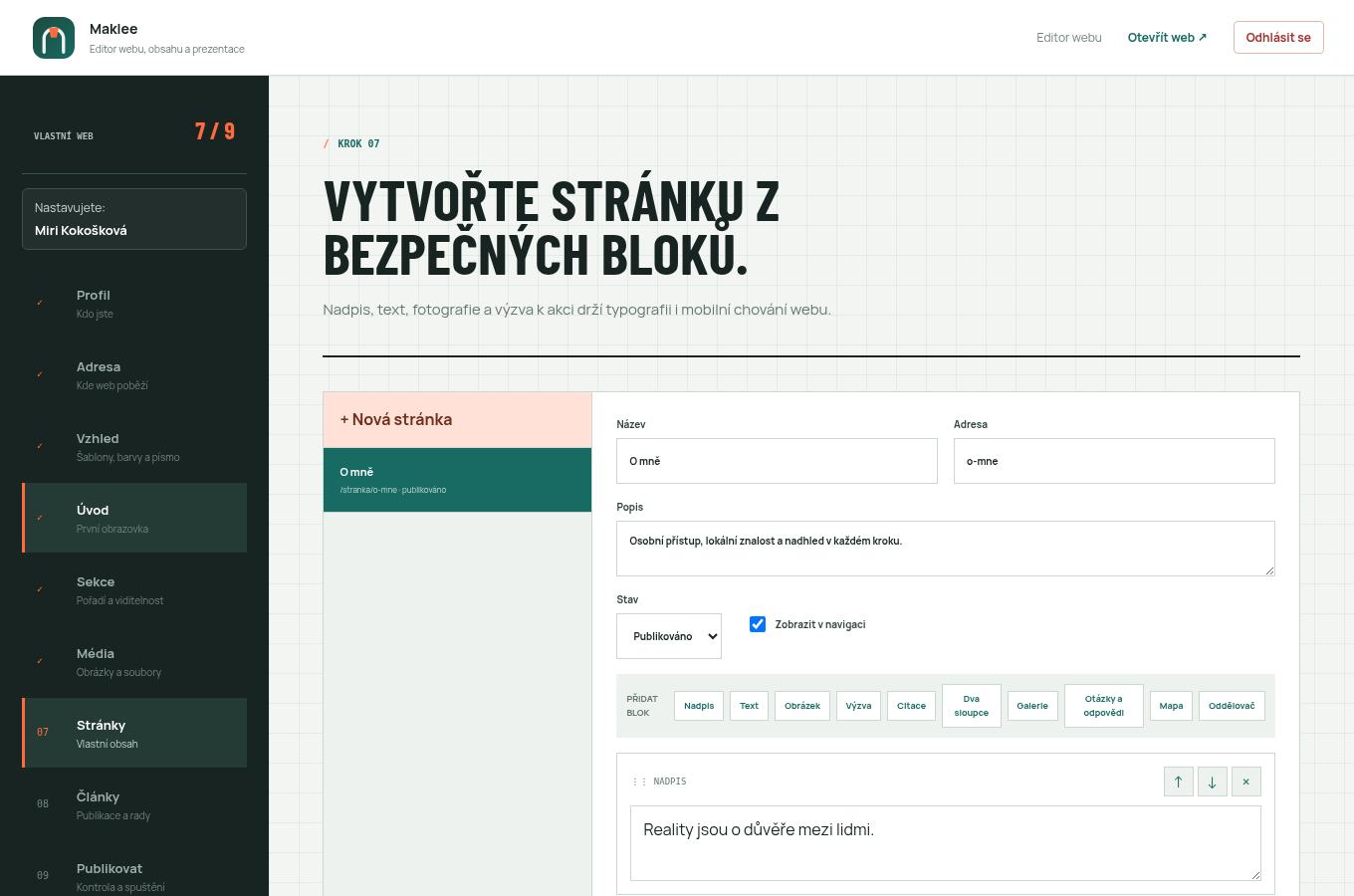 Editor vlastních stránek s bloky