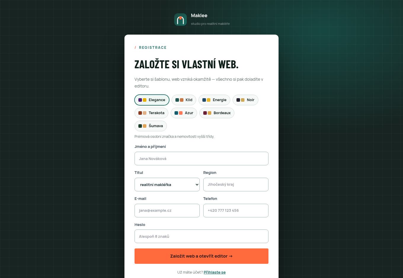 Registrační formulář s výběrem šablony